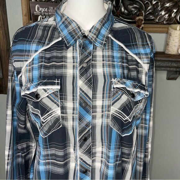 Buckle Black Blue Plaid Long Sleeve Snap DowLarge Men’s - Picture 8 of 16